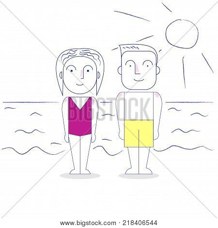 Man and woman on the beach. Vector illustration.