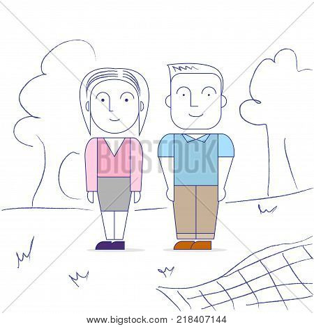 Man and woman on a walk in the park. Vector illustration.