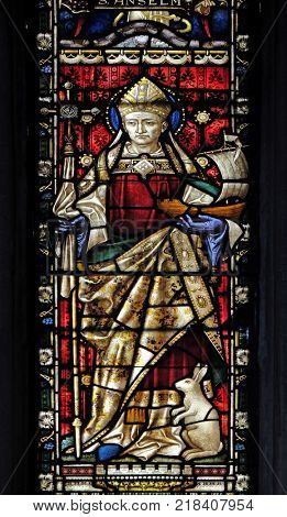 ROME, ITALY - SEPTEMBER 02: Saint Anselm on the stained glass of All Saints' Anglican Church, Rome, Italy on September 02, 2016.