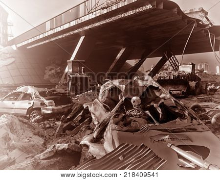 Skeleton in the car .Ruins of a city highway. Apocalyptic lsepia andscape.3d illustration concept
