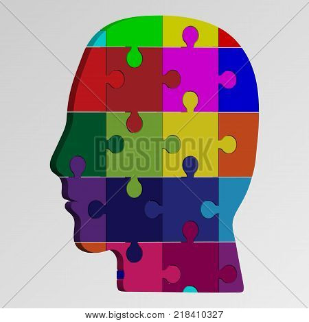 eps10. A person's face consists of a multi-colored puzzle. Vector illustration of a logical task