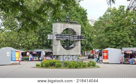 Sevastopol, Crimea - June 12, 2014: Monument in honor of the tercentenary of the fleet with the inscription 