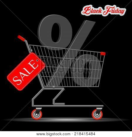 Black Friday Big Sale Concept. A Supermarket Trolley with a Large Percent Symbol in it. Red Discount Tag on the Side of the Cart. Vector Illustration.