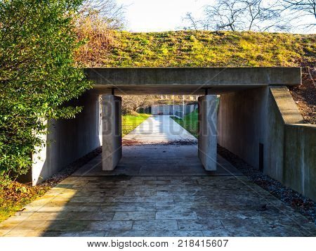 PRAGUE, CZECH REPUBLIC - DECEMBER 9, 2017: Entrance to former Kobylisy Shooting Range, Prague, Czech Republic. Place of mass executions during WWII by Nazis after the assassination of Reinhard Heydrich.