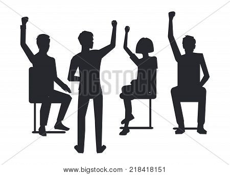 Business training and meeting at conference representing leader asking employees questions, and raised hands of workers black silhouettes on vector