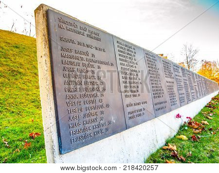 PRAGUE, CZECH REPUBLIC - DECEMBER 9, 2017: List of victims in former Kobylisy Shooting Range, Prague, Czech Republic. Place of mass executions during WWII by Nazis after the assassination of Reinhard Heydrich.