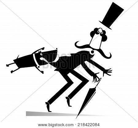 Cartoon aggressive dog and frightened man isolated. Aggressive dog grabs the mustache man in the top hat and umbrella by the clothes black on white illustration