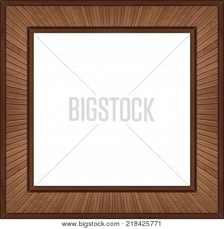 Isolated on white square brown walnut wooden frame element background. Walnut wood decorative frame. Decoration elements. Decorative walnut wooden frame border on white. Wooden elements frame