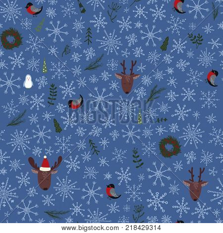 Christmas seamless pattern with deer, pinguin, bullfinch and snowflakes. Stock vector