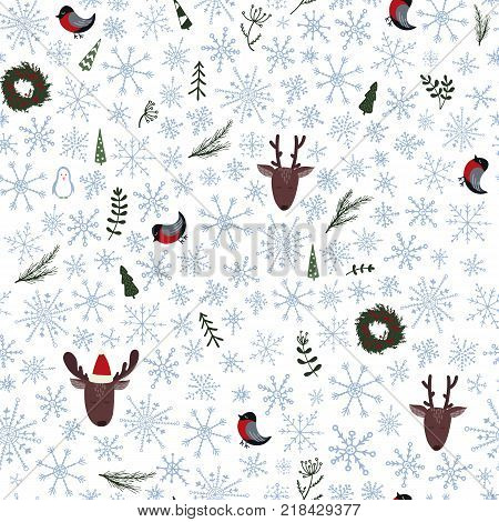 Christmas seamless pattern with deer, pinguin, bullfinch and snowflakes. Stock vector