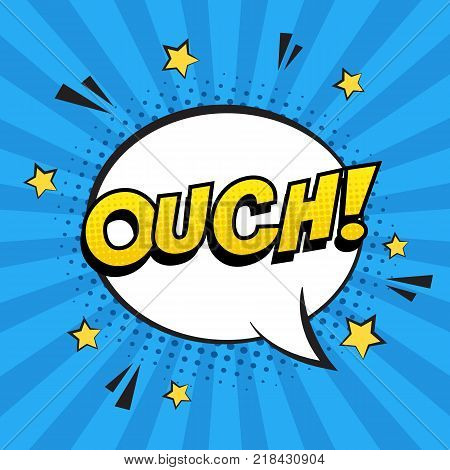 Retro comic speech bubble with colorful halftone shadow on blue stripes pattern. Expression text OUCH. Vector illustration, vintage design, pop art style.
