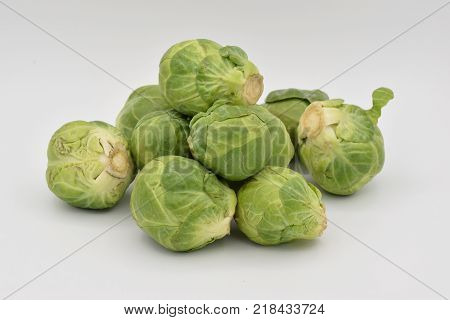 Green Brussel sprouts arranged on a seamless white background.