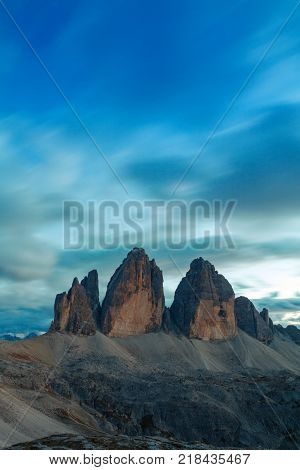 Tre Cime di Lavaredo in beautiful surroundings in the Dolomites at sunset in Italy Europe (Drei Zinnen)