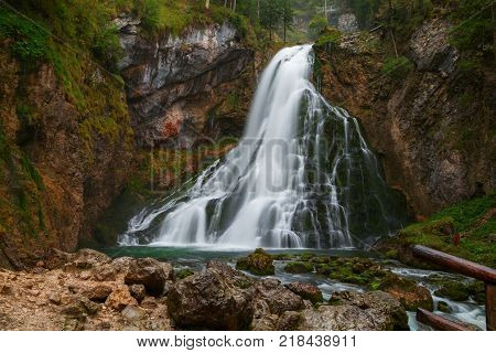 Beautiful Golling Waterfall And Near Golling And Salzach Medieval Town At Autumn