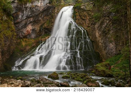 Beautiful Golling Waterfall And Near Golling And Salzach Medieval Town At Autumn