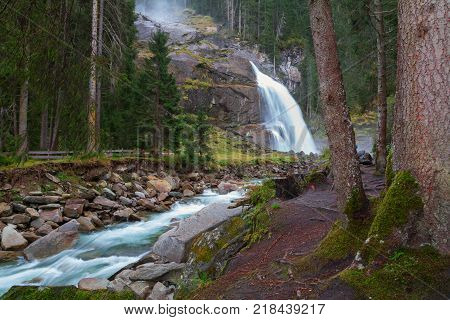 Beautiful Golling Waterfall And Near Golling And Salzach Medieval Town At Autumn