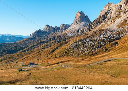 Dolomites mountains the Passo di Giau Monte Gusela at behind Nuvolau gruppe in South Tyrol Italy