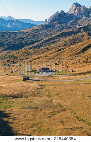 Dolomites mountains the Passo di Giau Monte Gusela at behind Nuvolau gruppe in South Tyrol Italy