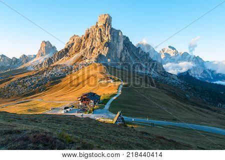 Dolomites mountains the Passo di Giau Monte Gusela at behind Nuvolau gruppe in South Tyrol Italy