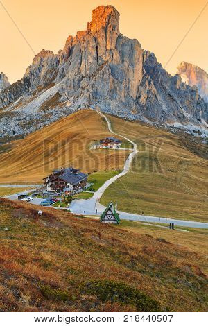 Dolomites mountains the Passo di Giau Monte Gusela at behind Nuvolau gruppe at sunset in South Tyrol Italy