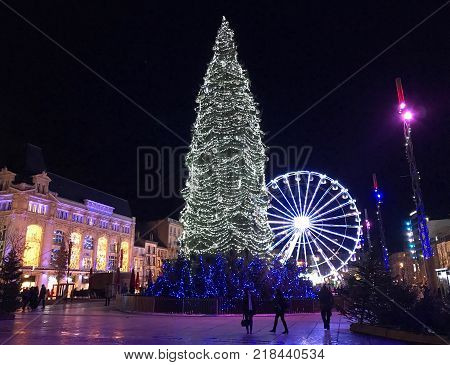 Clermont-Ferrand Auvergne France, 1st December 2017: Night view christmas decoration and giant christmas tree on Place de Jaude square in Clermont Ferrand