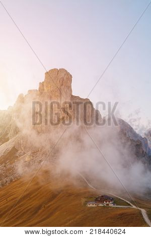 Dolomites mountains the Passo di Giau Monte Gusela at behind Nuvolau gruppe at sunset in South Tyrol Italy