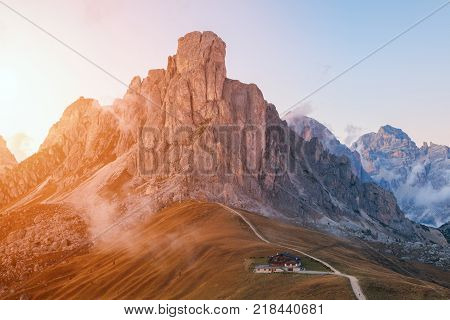 Dolomites mountains the Passo di Giau Monte Gusela at behind Nuvolau gruppe at sunset in South Tyrol Italy