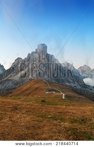 Dolomites mountains the Passo di Giau Monte Gusela at behind Nuvolau gruppe at sunset in South Tyrol Italy