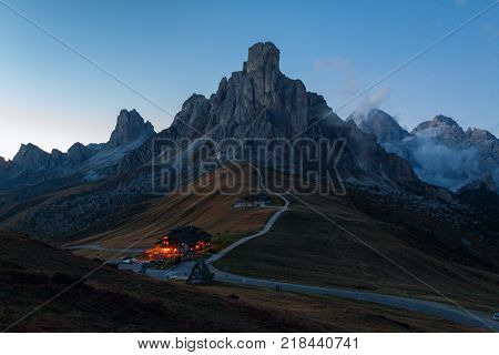 Dolomites mountains the Passo di Giau Monte Gusela at behind Nuvolau gruppe at night in South Tyrol Italy
