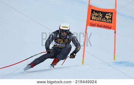 VAL GARDENA, ITALY - DECEMBER 14: Christoph Atz races down the Saslong course during the Audi FIS Alpine Ski World Cup Men's Downhill training on December 14 2017 
