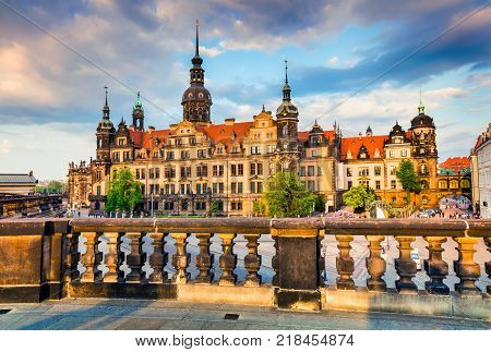 Residence of electors and kings of Saxony in Dresden. Sunny view of Castle or Royal Palace (Dresdner ResidenzschlossDresdner Schloss) from Zwinger museum. Artistic style post processed photo.