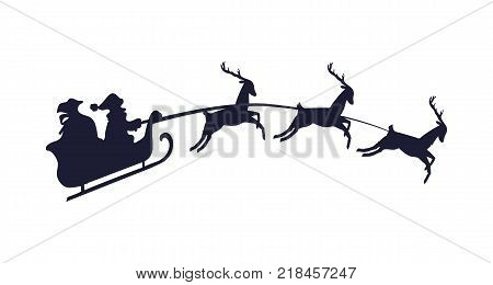Santa laus on Christmas sledge with bag of presents delivers gifts by three deers black and white vector illustration isolated on bright background