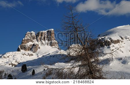 Beautiful Landscape of Mount Averau at Passo Falzarego in the Italian Dolomites. Winter season. Veneto, Italy.