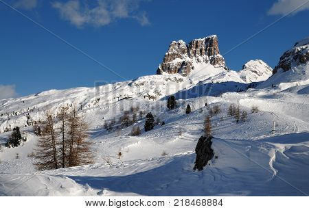 Beautiful Landscape of Mount Averau at Passo Falzarego in the Italian Dolomites. Winter season. Veneto, Italy.