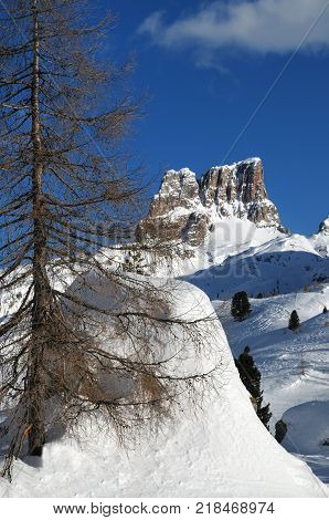 Landscape of Mount Averau at Passo Falzarego in the Italian Dolomites. Winter season. Veneto, Italy.