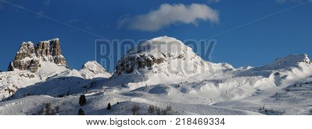 Beautiful Landscape of Mount Averau at Passo Falzarego in the Italian Dolomites. Winter season. Veneto, Italy.