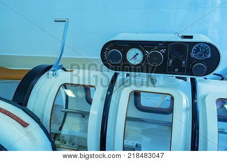 Hyperbaric Oxygen Therapy or HBOT chamber tank used for specialised medical treatment for injuries in hospital clinic