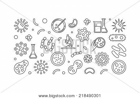 Bacteria vector illustration or horizontal banner made with bacterias and microbes concept icons on white background