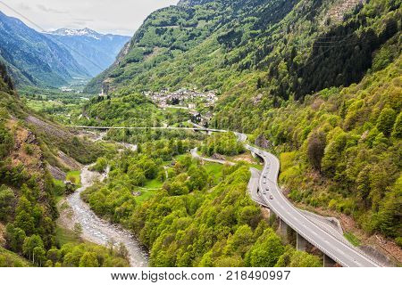 View from the castle of Mesocco on the highway and the town of Soazza in the valley of the river Moesa Switzerland
