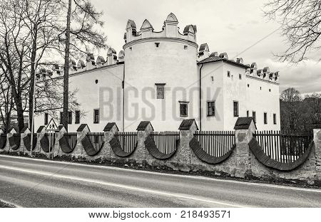 Beautiful chateau Strazky Slovak republic. Cultural heritage. Architectural theme. Black and white photo.
