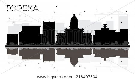 Topeka Kansas USA City skyline black and white silhouette with Reflections. Business travel concept. Topeka Cityscape with landmarks.