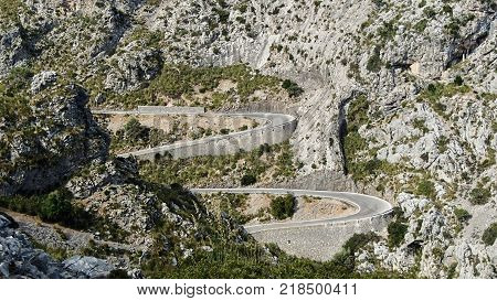 Sharp Curves on the Serpentine in the mountains of the Tramuntana Mountains on the Spanish Balearic island of Majorca