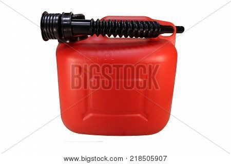 Red plastic canister. Gasoline canister on a white background.