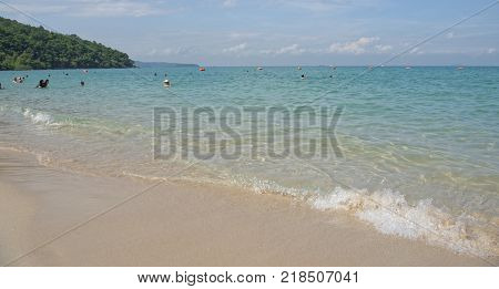 PattayaThailand- November 22;2017: Sai Kaew Beach Sattahip-Military Beach.People sunbathe and swim