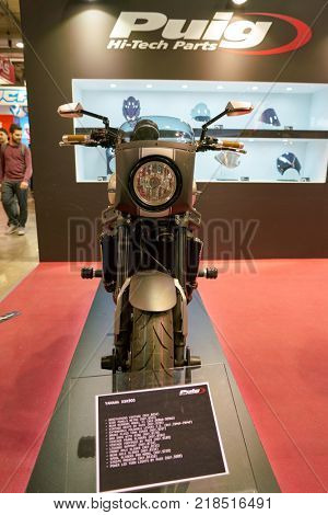 MILAN, ITALY - NOVEMBER 11, 2017: Yamaha XSR900 motorcycle is displayed at EICMA 2017 - 75th International Motorcycle Exhibition