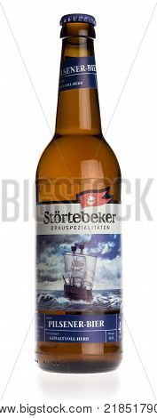 GRONINGEN, NETHERLANDS - DECEMBER 16, 2017: Bottle of Stortebeker Pilsener beer isolated on a white background