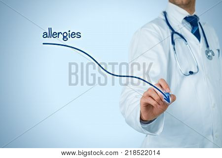Decrease allergies concept. Doctor (medical practitioner) draw decreasing graph of allergies.