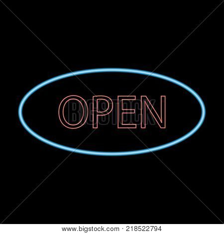Open neon signborad. Illuminated signage. Glowing colorful door sign. Vector illustration.