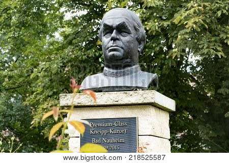 BAD NAUHEIM Germany AUGUST 2017: Bust monument to Sebastian Kneipp spa resort Bad Nauheim Hessen Germany
