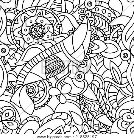 Ethnic seamless abstract graphics illustration. Vector festive background of Mendy elements leaves and circles.